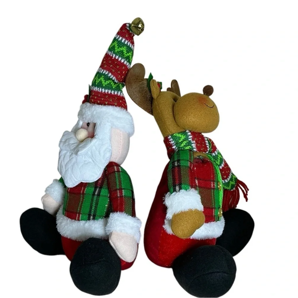 Santa and Reindeer Plush Gnomes Shelf Sitter Christmas Holiday Set Tartan Plaid